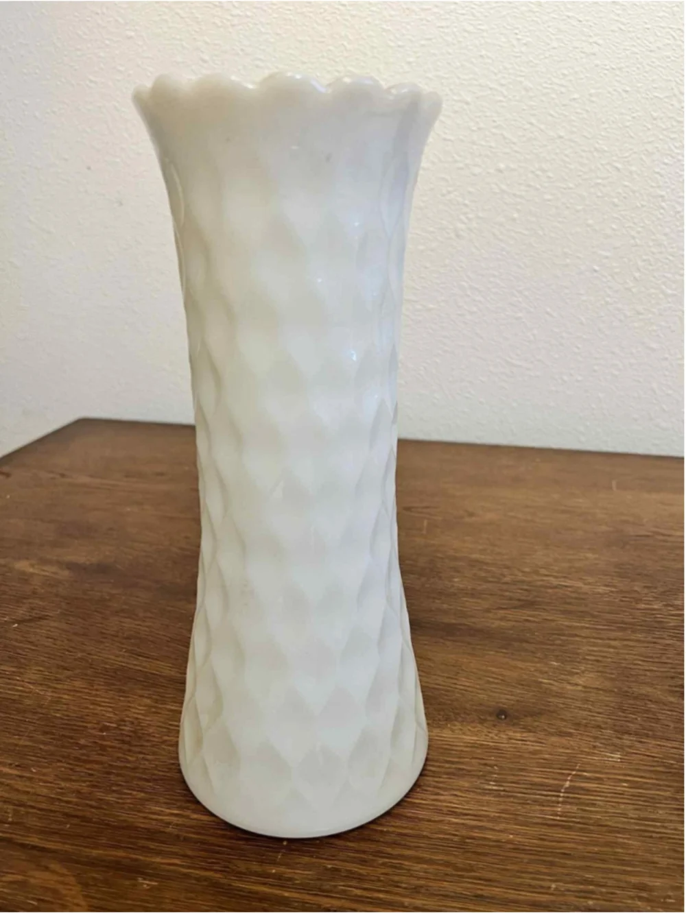Vintage Milk Glass Vases Lot of 2 Diamond Quilt & Hobnail Pattern Scalloped Rim